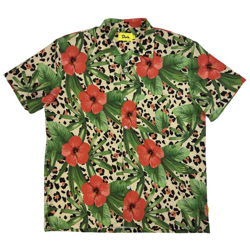 Duvin Hawaiian Shirt Mens Size L Button Down Tropical‎ Floral Camp Collar Green